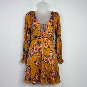 Free People‎ Dress Womens 2 Yellow Morning Light Floral Long Sleeve Boho Gypsy